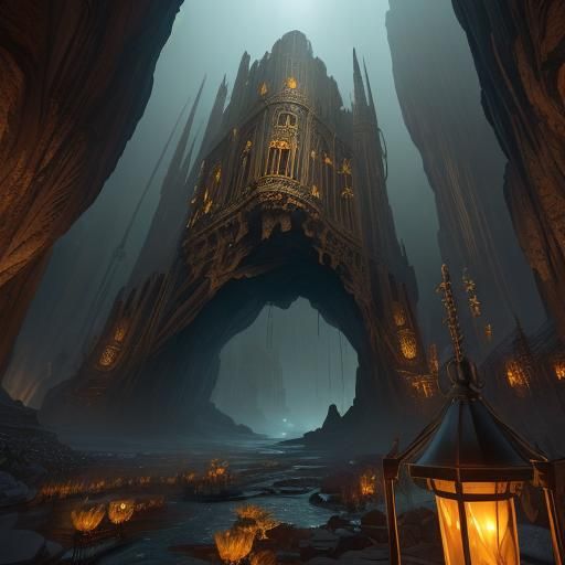 Steampunk Cave City in Cinematic Lighting