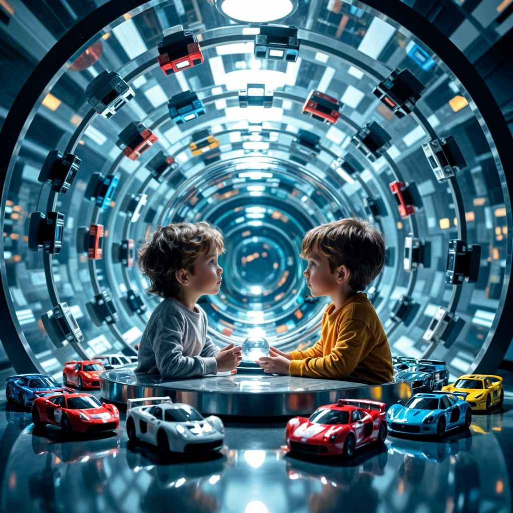 Kid Gazing at Orb Surrounded by Toy Cars