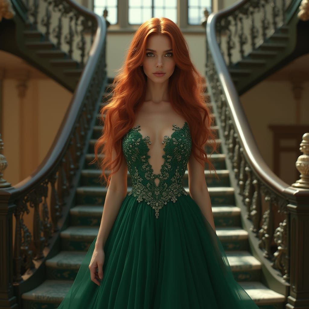 Woman in Emerald Gown on Grand Staircase