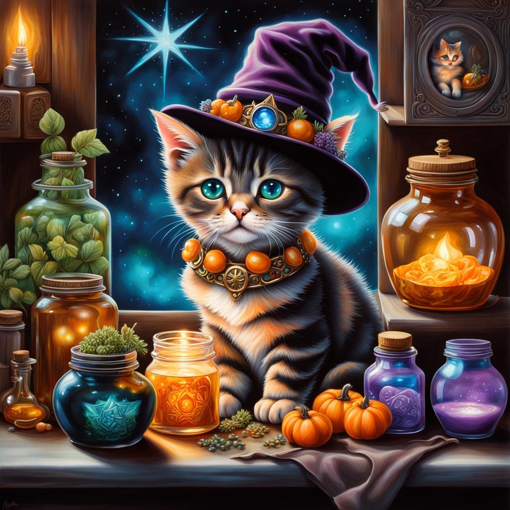 Whimsical Kitten Witch in a Bioluminescent Kitchen