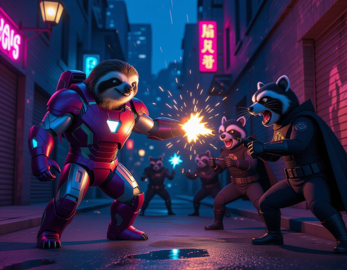 Pixar Style Sloth Superhero Fights Weasel Villains in Neon A...