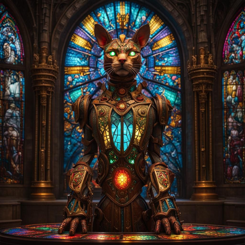 Steampunk Cyborg Cat in Stained Glass Crypt