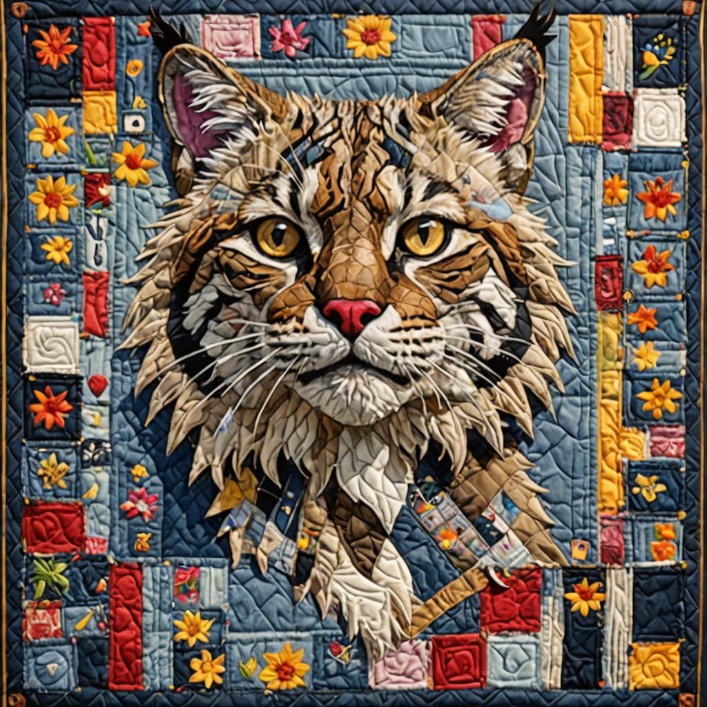 Textile Bobcat Quilt Art: Detailed Colorful Design