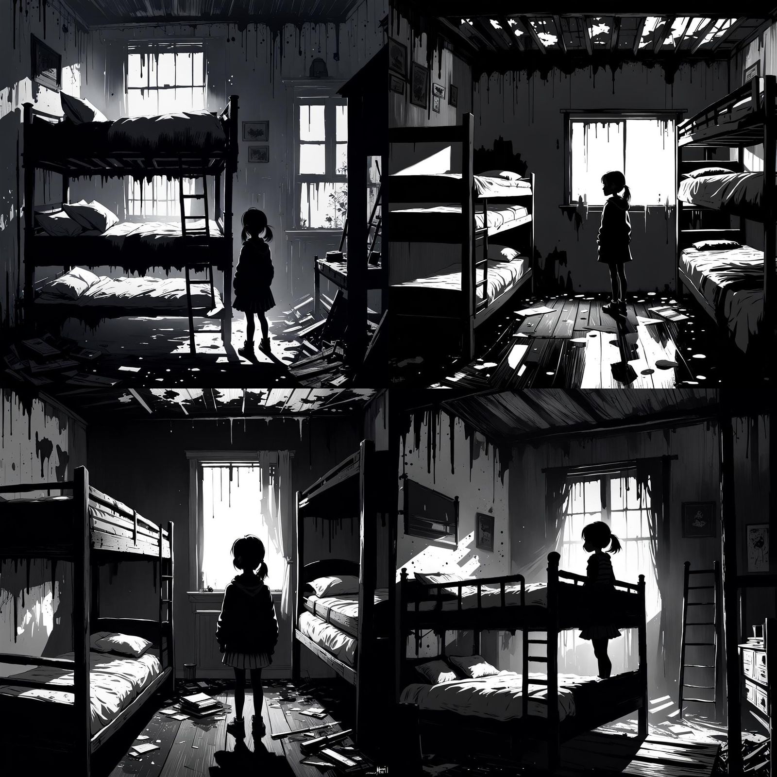 Silhouette of Girl at Broken Bed in Horror Style