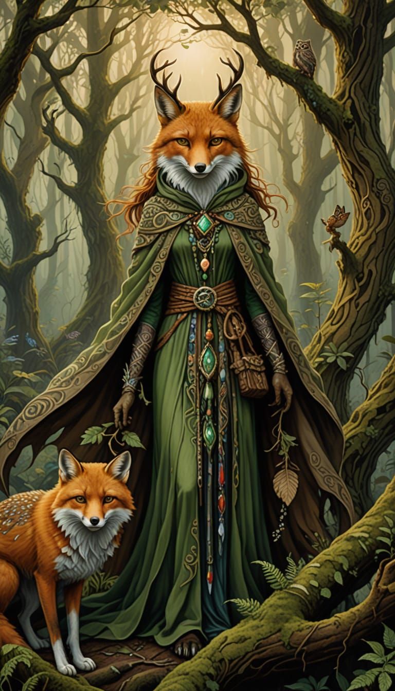 Mystical Lady Fox Shaman Amidst Lush Forest Totems