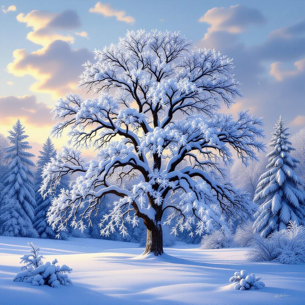 Majestic Tree Covered in Intricate Snowflakes at Dawn