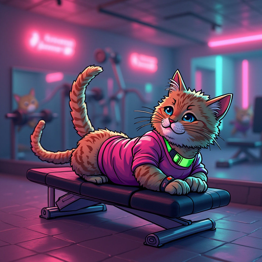 Cat Exercises in Retro-Futuristic Synthwave Gym