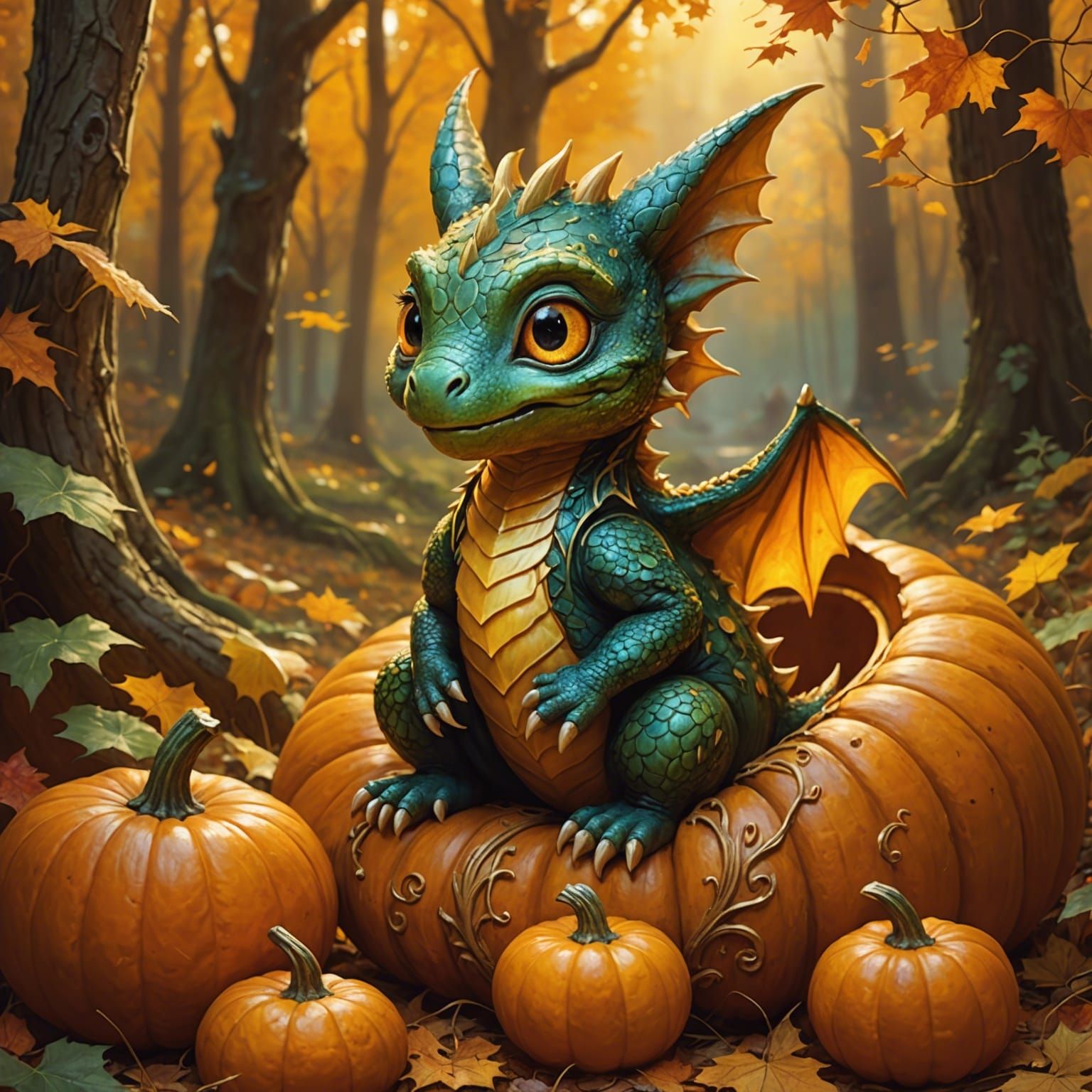 Baby Dragon in Pumpkin, Autumnal Oil Painting