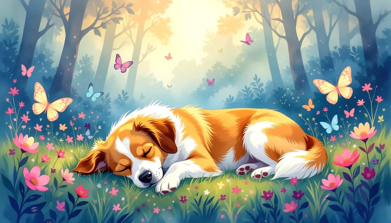 Watercolor Dog Napping with Fantastical Butterflies