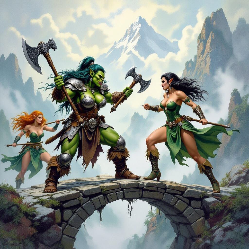 Troll Women Warriors Clash with Elves on Misty Bridge