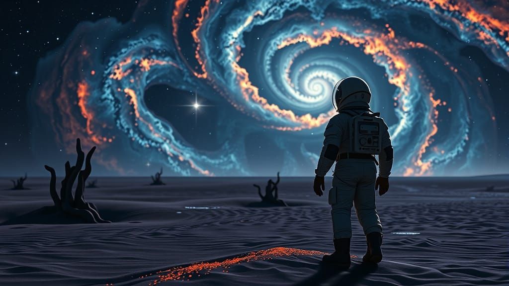 Astronaut Gazing at Nebula on Alien Beach