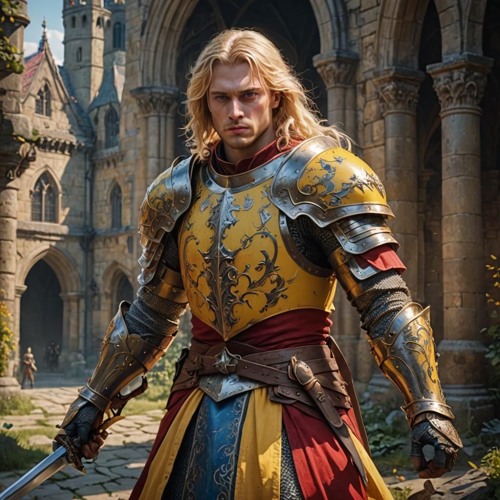 A male human Lightning Knight in yellow armor. Long blonde h...
