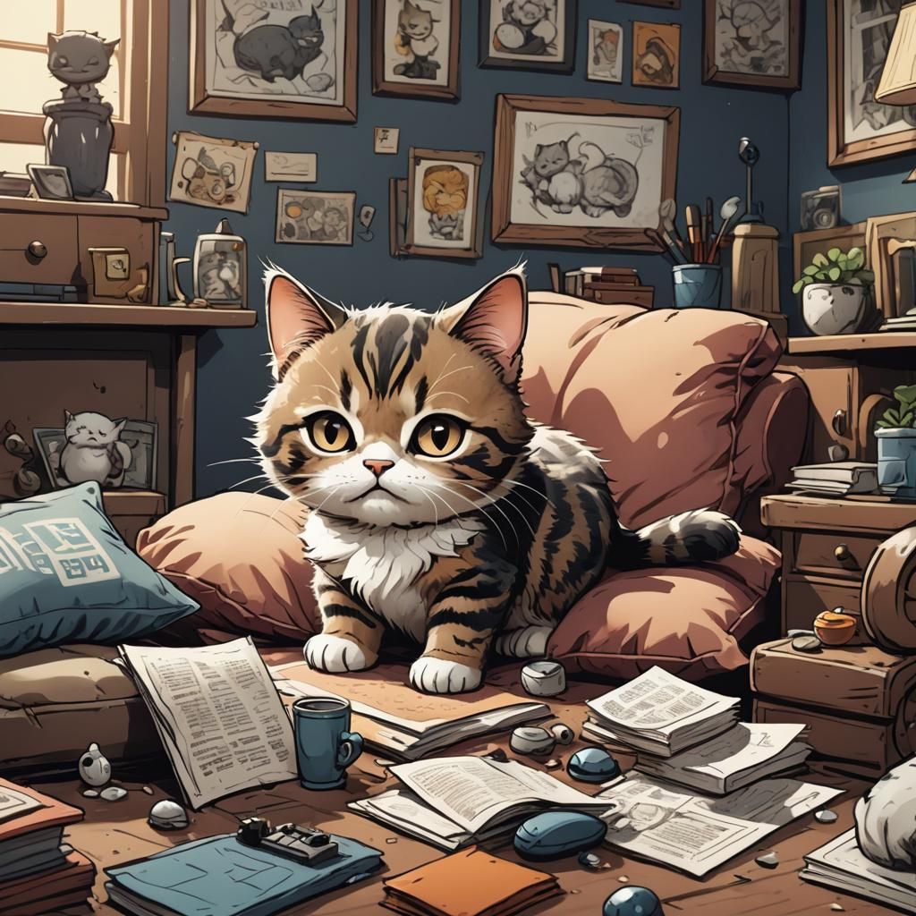Sleepy Cat's Mischievous Plan in Comic Style