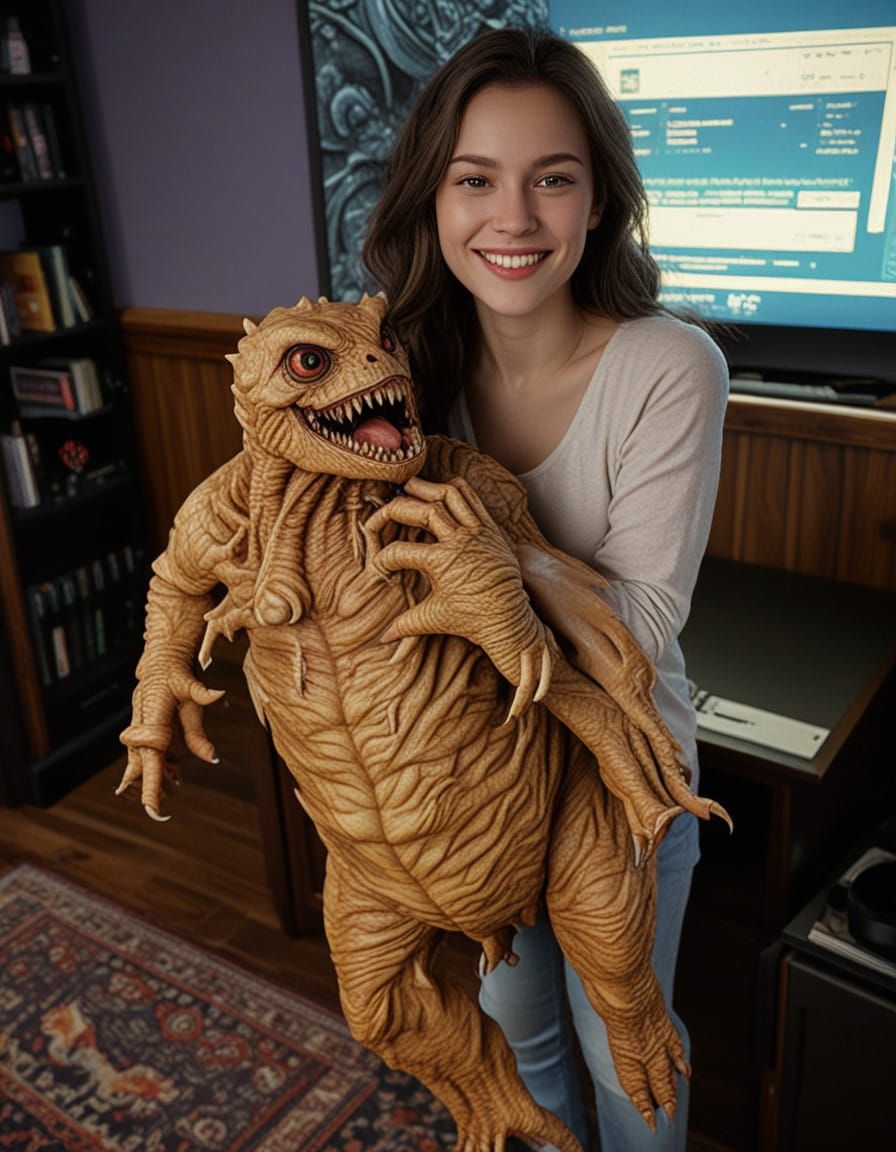 Beautiful Woman Holds a Small Ominous Monster Close in a Hyp...