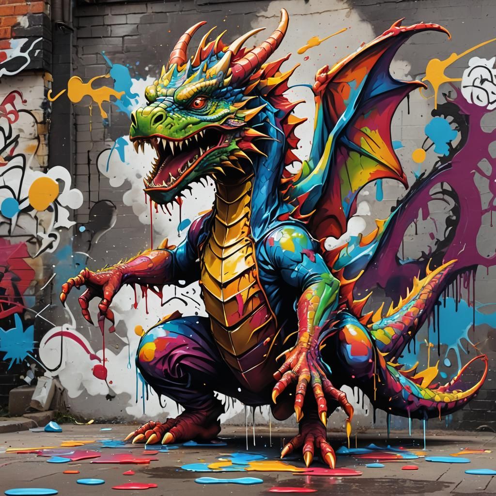 Breakdancing Dragon Graffiti Art in Street Style