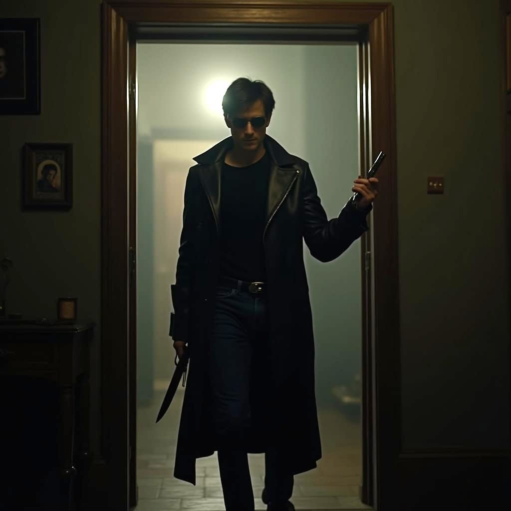 Steampunk Assassin in Dark Cinematic Film Still