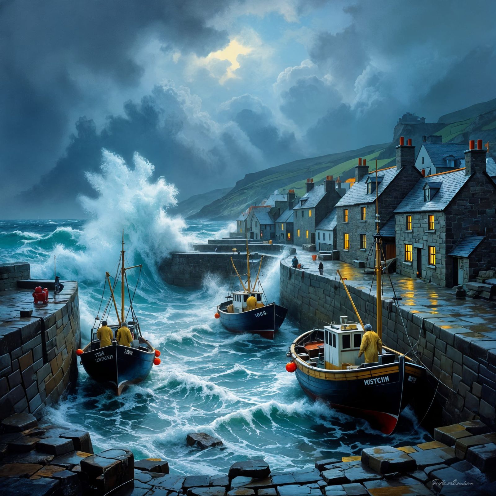 Cornish Fishing Harbor in Fierce Atlantic Storm