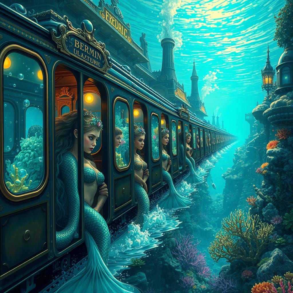 Underwater Train Journey with Mermaids in Fantasy Art Style