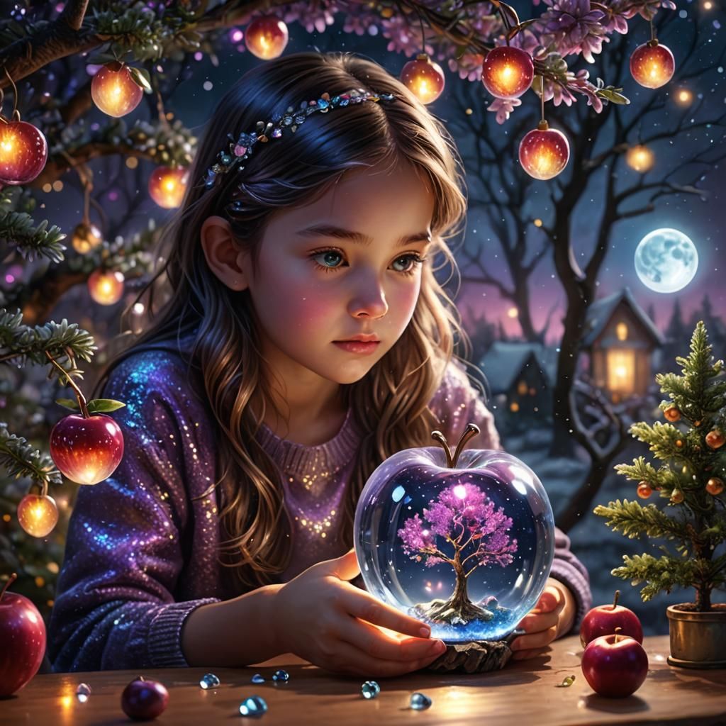 Girl Peeks into Crystal Apple: Hyper-Realistic Digital Art