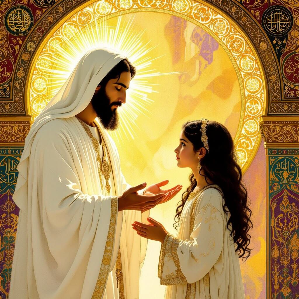 Divine Announcement: Angel Appears to Mary in Klimt Style