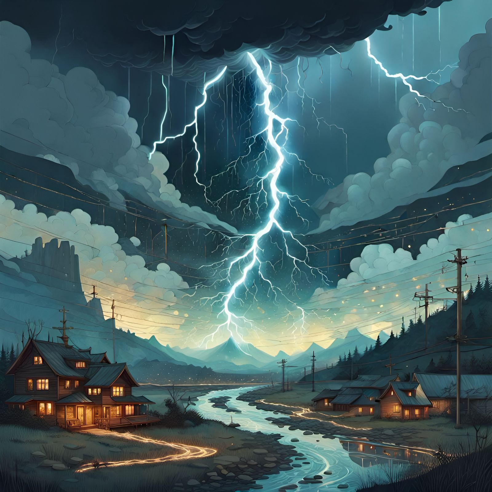 Dramatic Lightning Bolt Landscape in Digital Painting Style