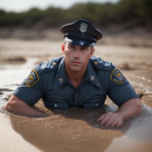 Male Police Officer Sinking in Quicksand: Professional Photo