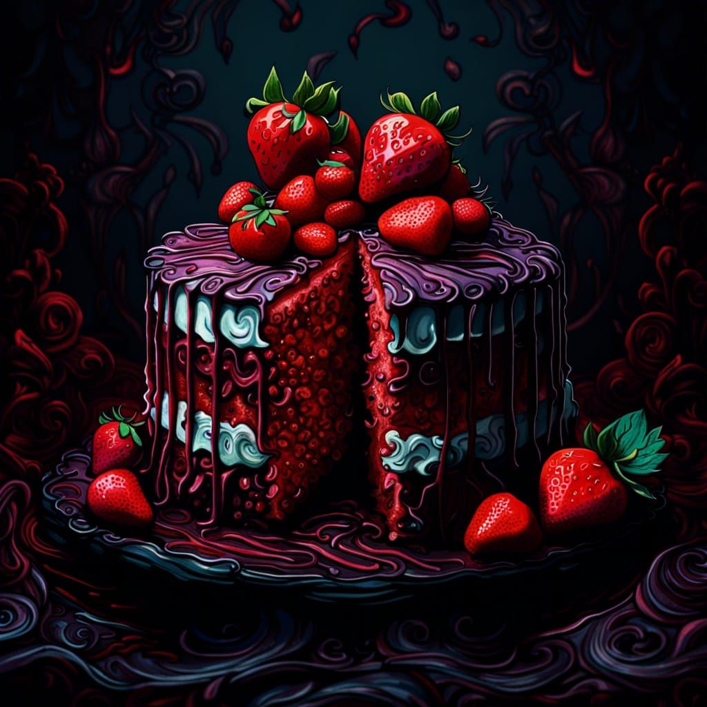 Gothic Strawberry Cake Concept Art in Van Gogh Style