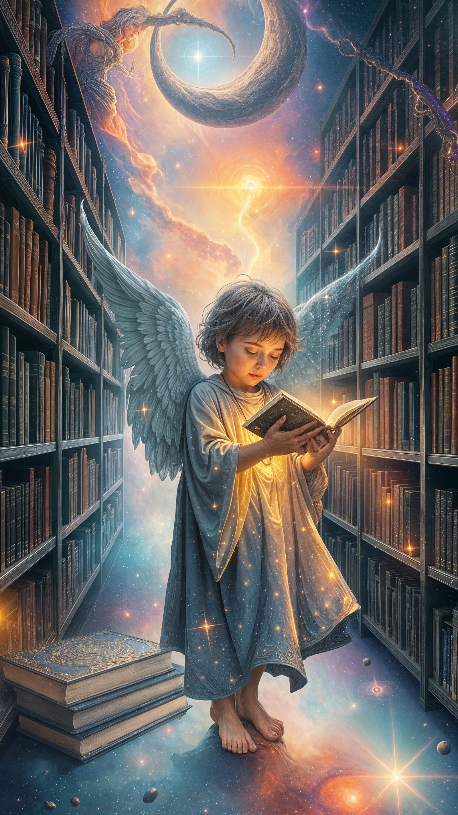 Celestial Librarian in Cosmic Library, Watercolor Style