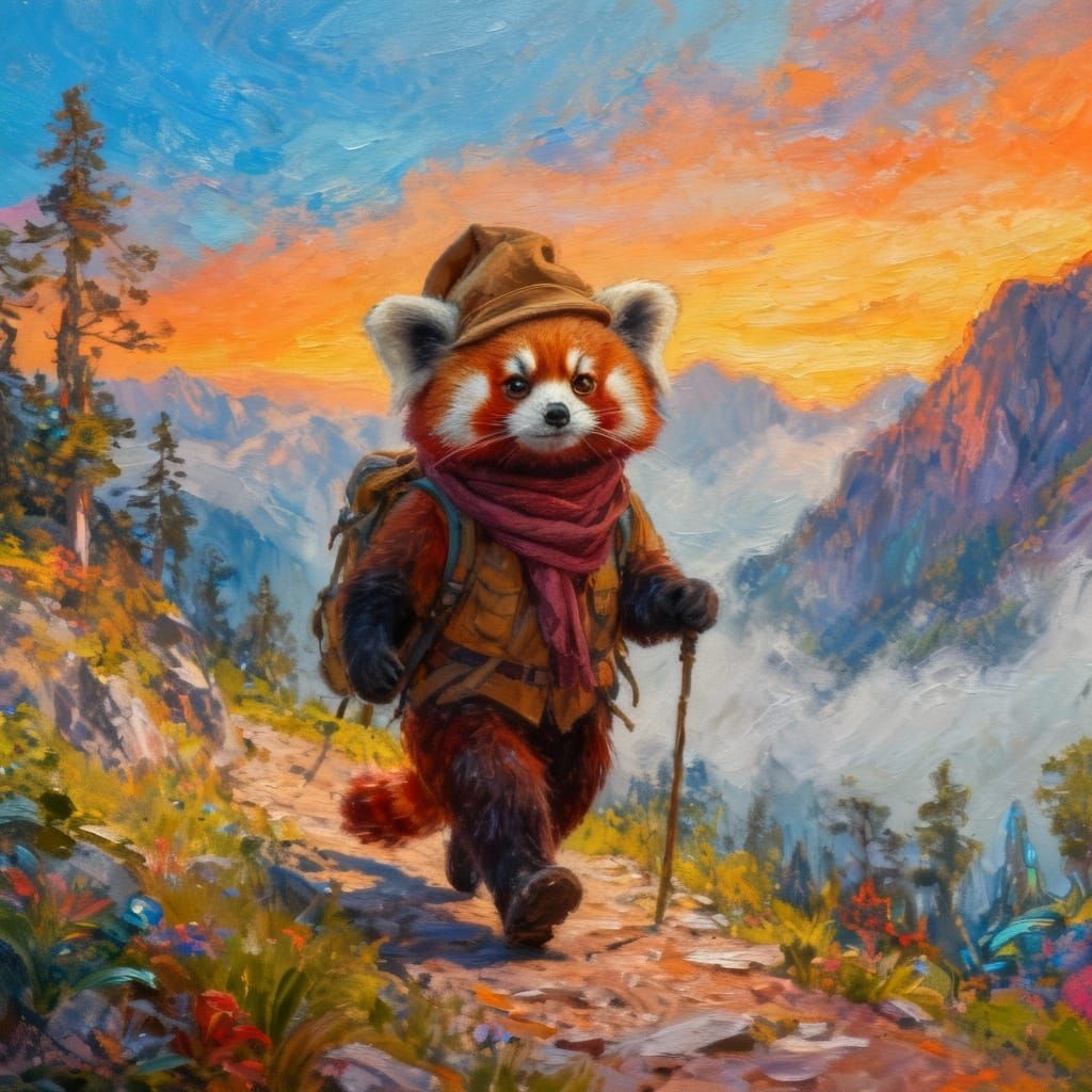 Red Panda Hiker in Misty Mountains, Acrylic Painting