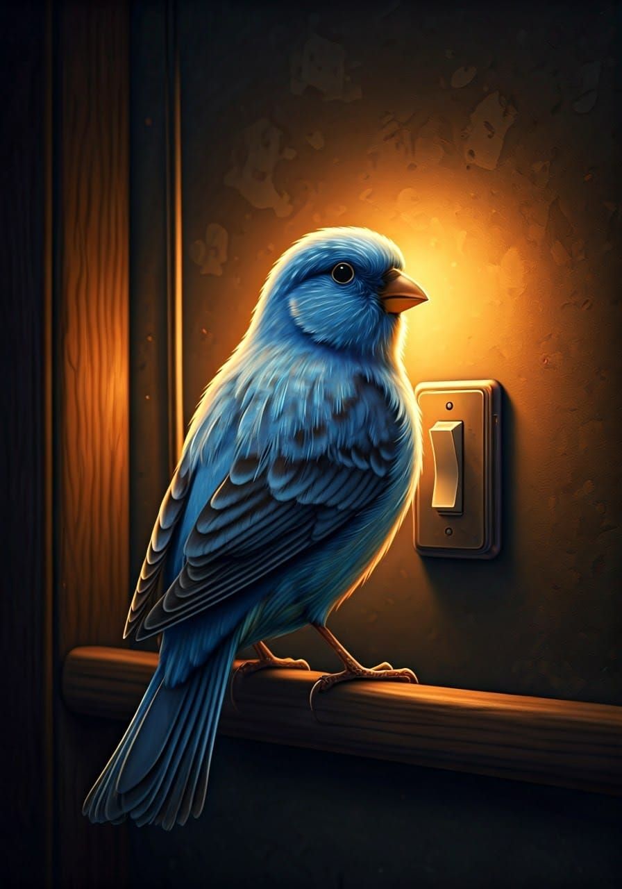 Blue Canary in Neon Outlet: Retro-Futuristic Art