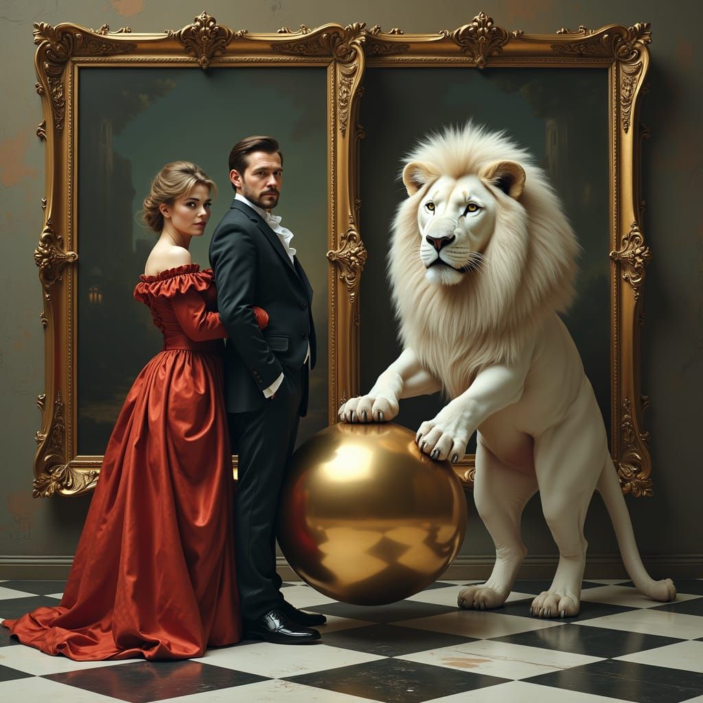 Victorian Couple and Lion in Baroque Castle Scene