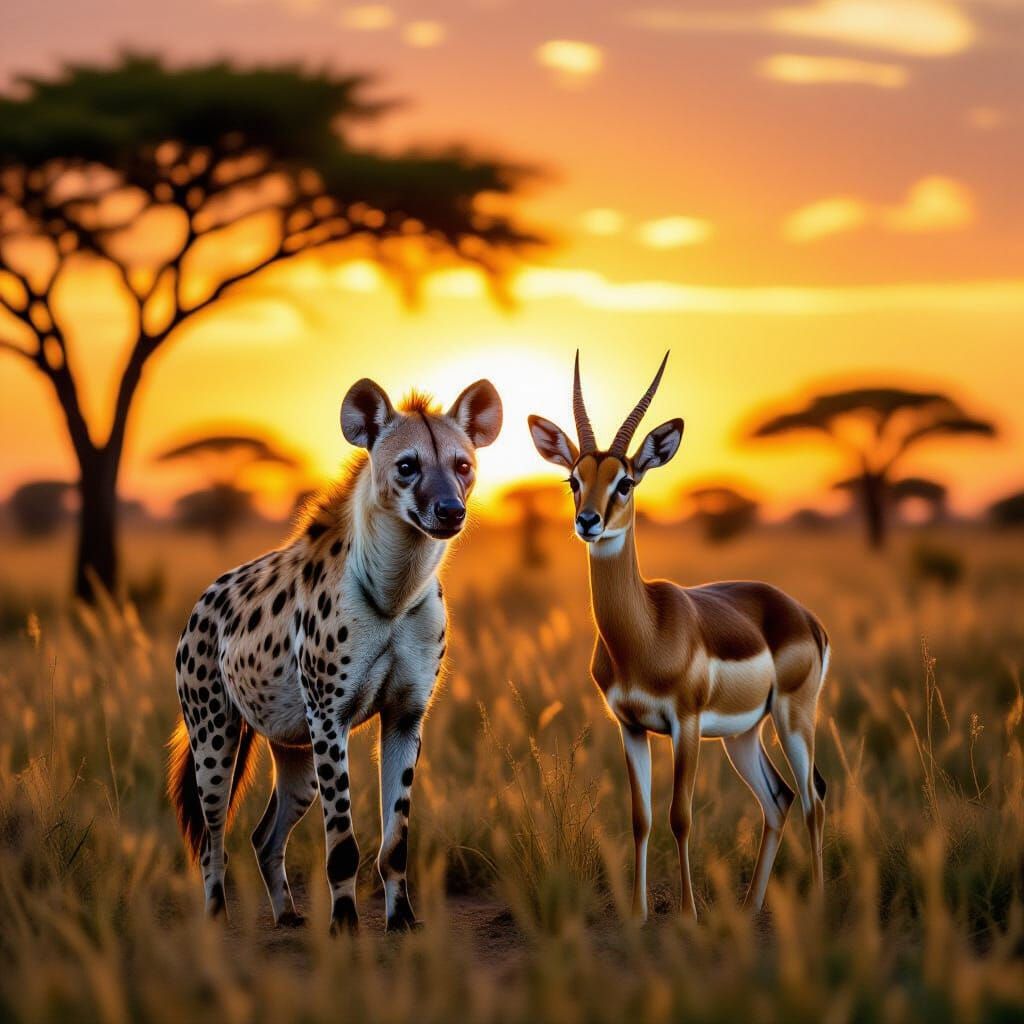 Hyena and Antelope in Golden Savannah Sunset