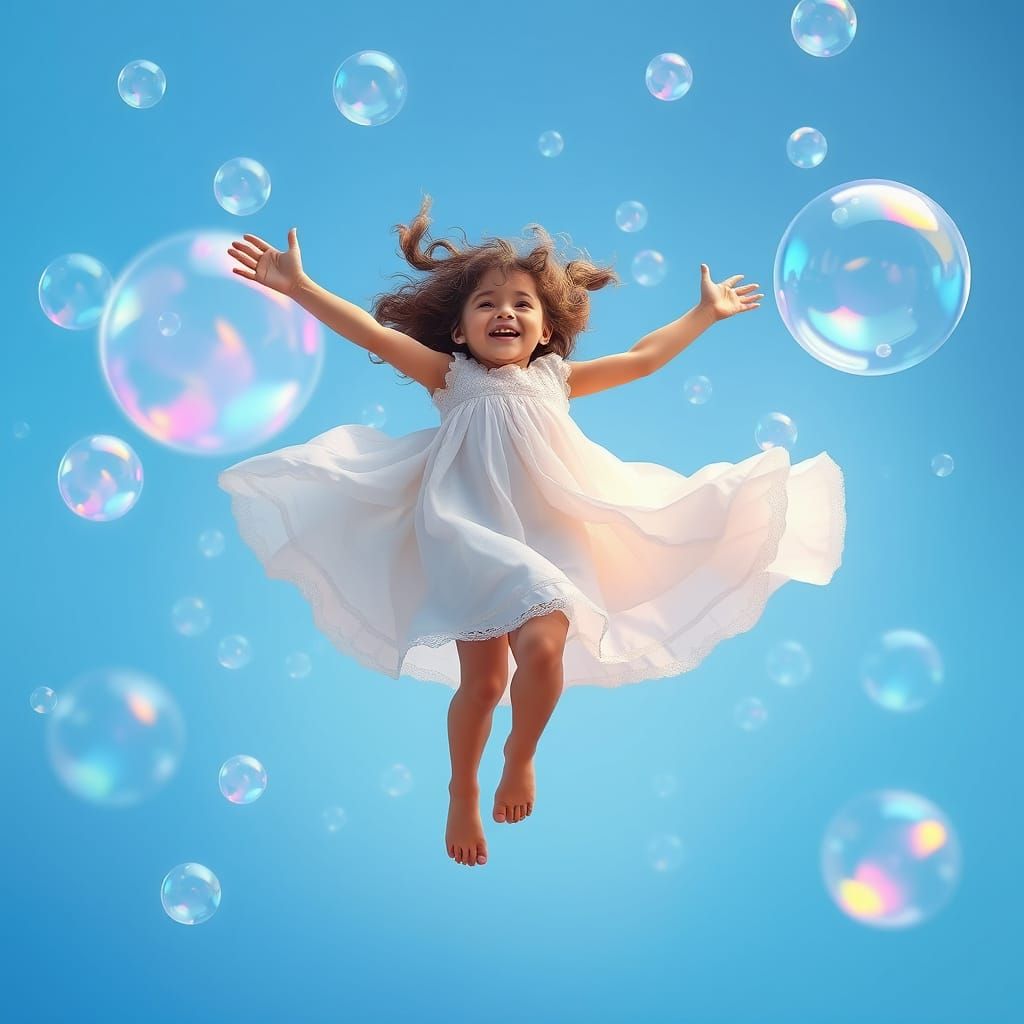 Girl Leaps into Dreamy Iridescent Bubbles