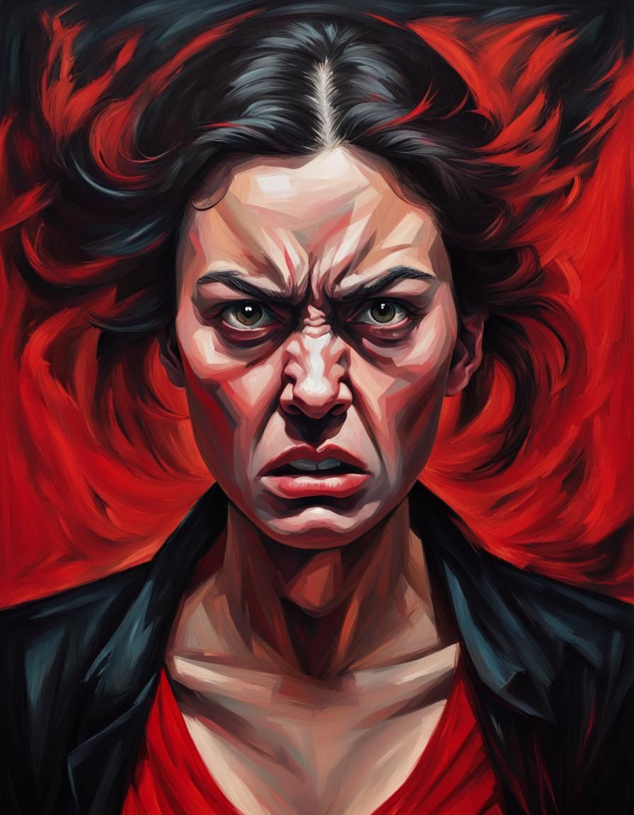 Furious Woman Portrait with Red and Black Accents
