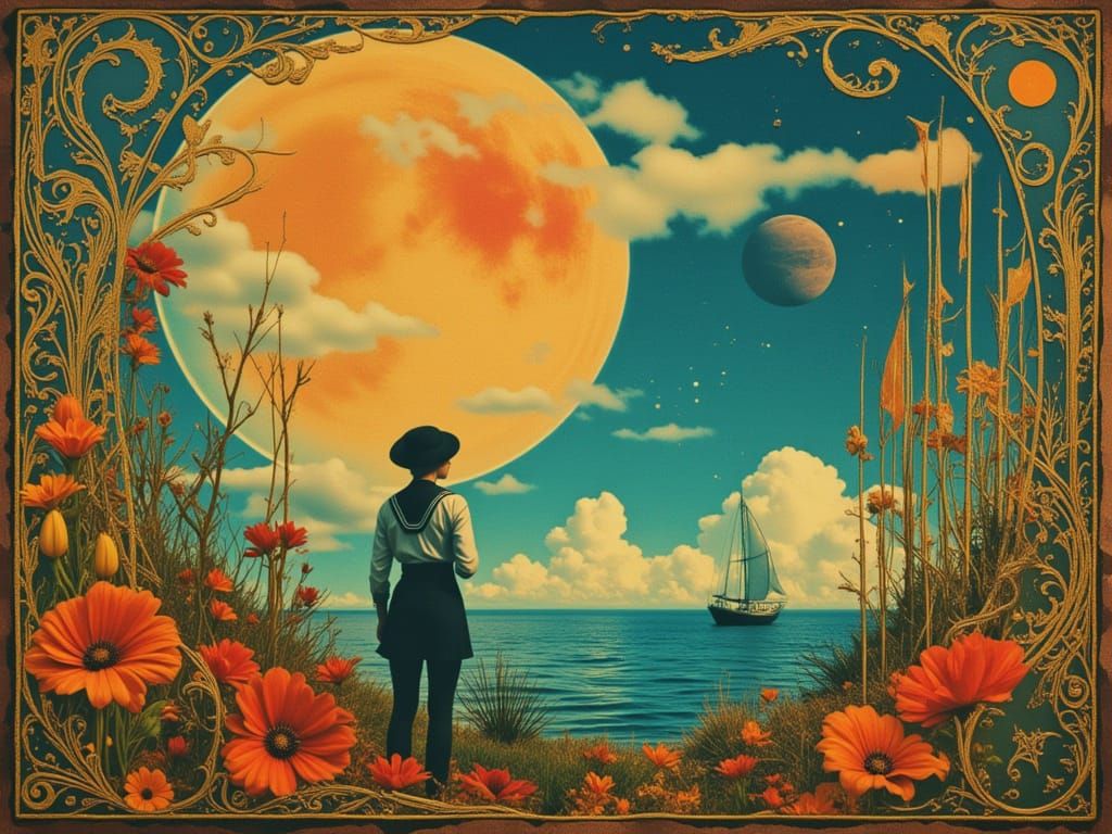 Exoplanet Sailor in a Surreal, Dreamlike Landscape