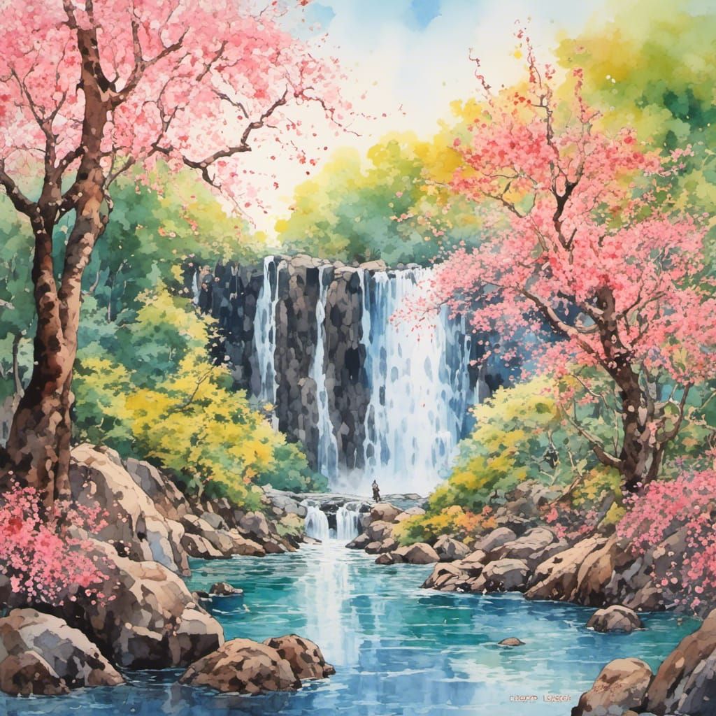Watercolor Waterfall with Cherry Trees in Japanese Style