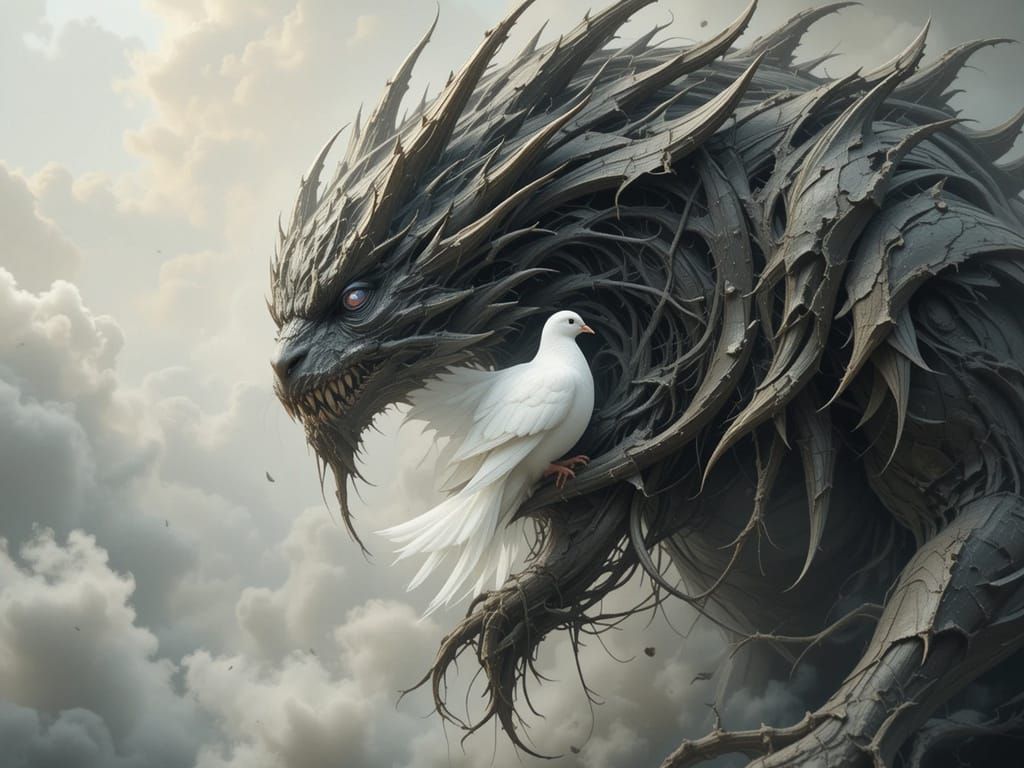 Surreal Peaceful Dove Surrounded by a Fierce and Beautiful W...