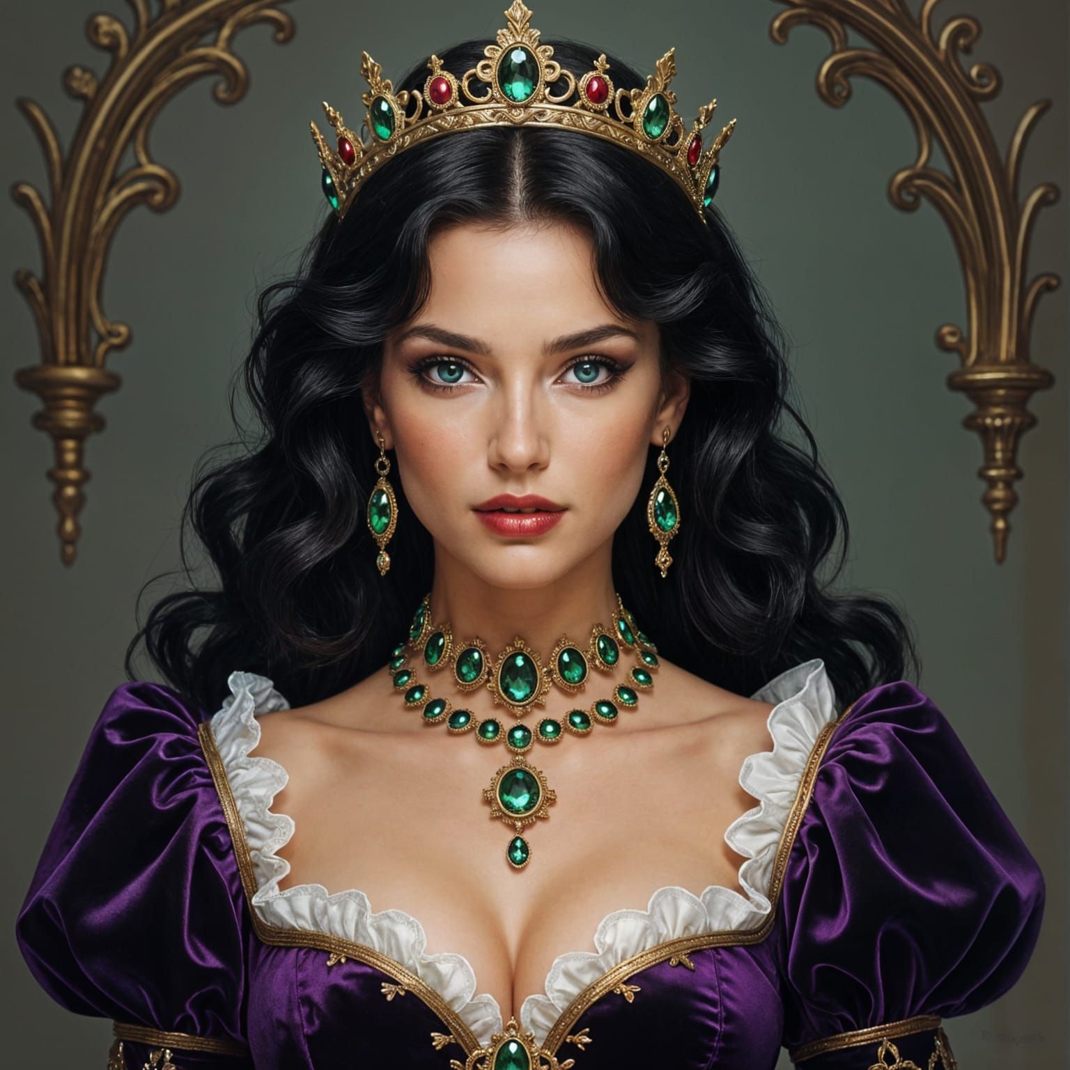 Cruel Queen in Purple Velvet & Green Brocade Regal Attire