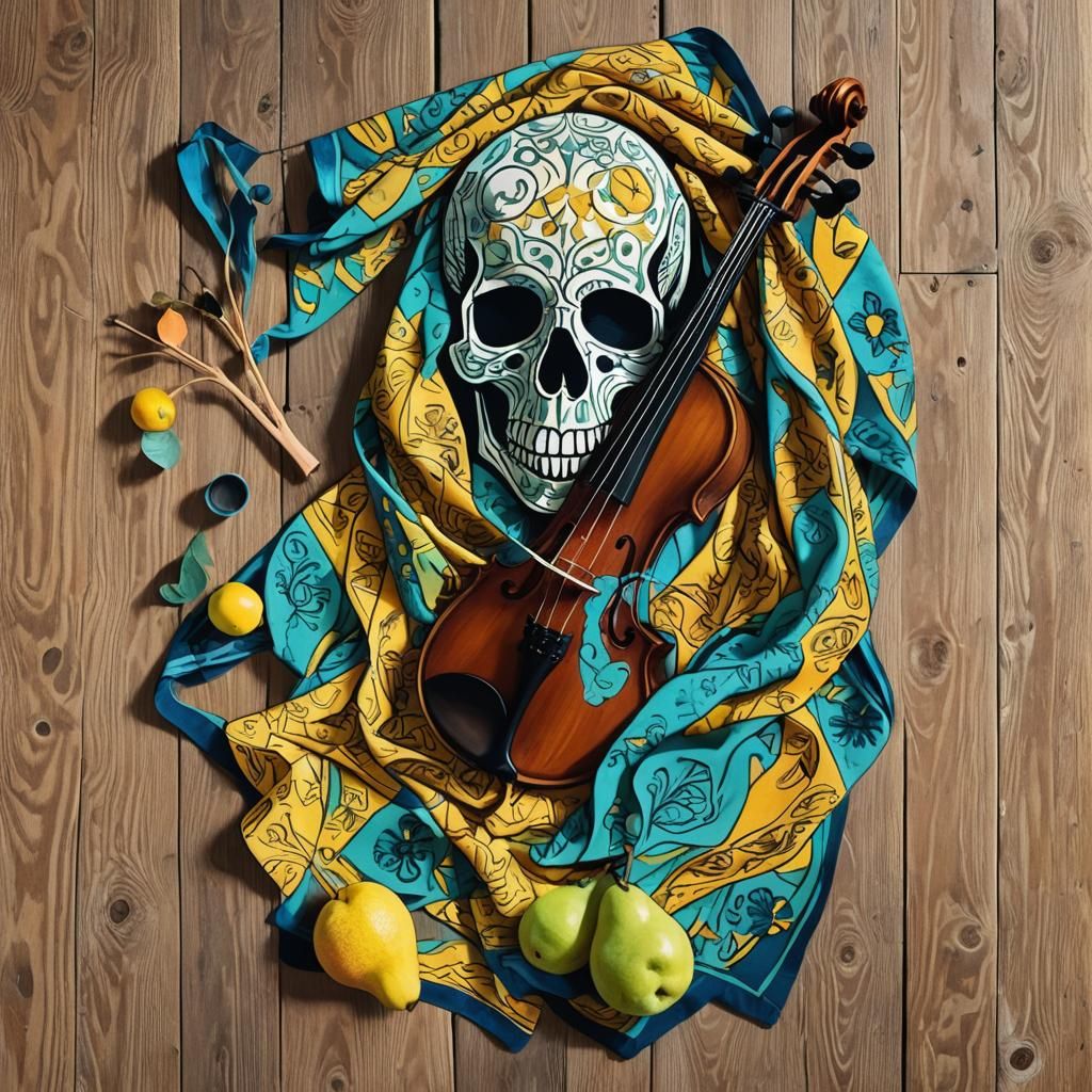 Linocut Still Life with Skull, Violin and Pear