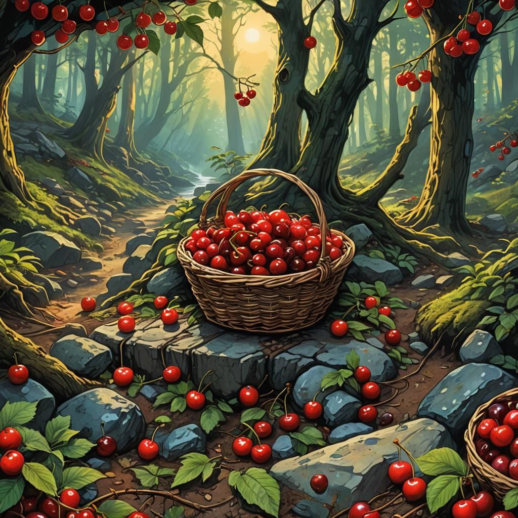 Cherries in Forest at Dawn: Retro Album Art