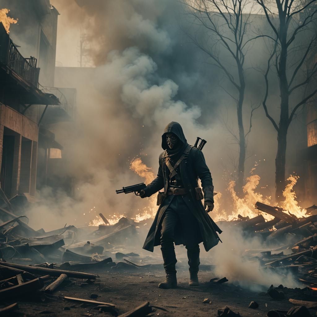 Assassin Fading into Smoke: Cinematic Film Still