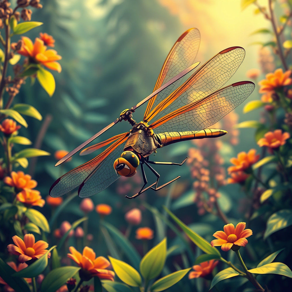 Dragonfly Helicopter in Lush Garden: Vintage Vector Art