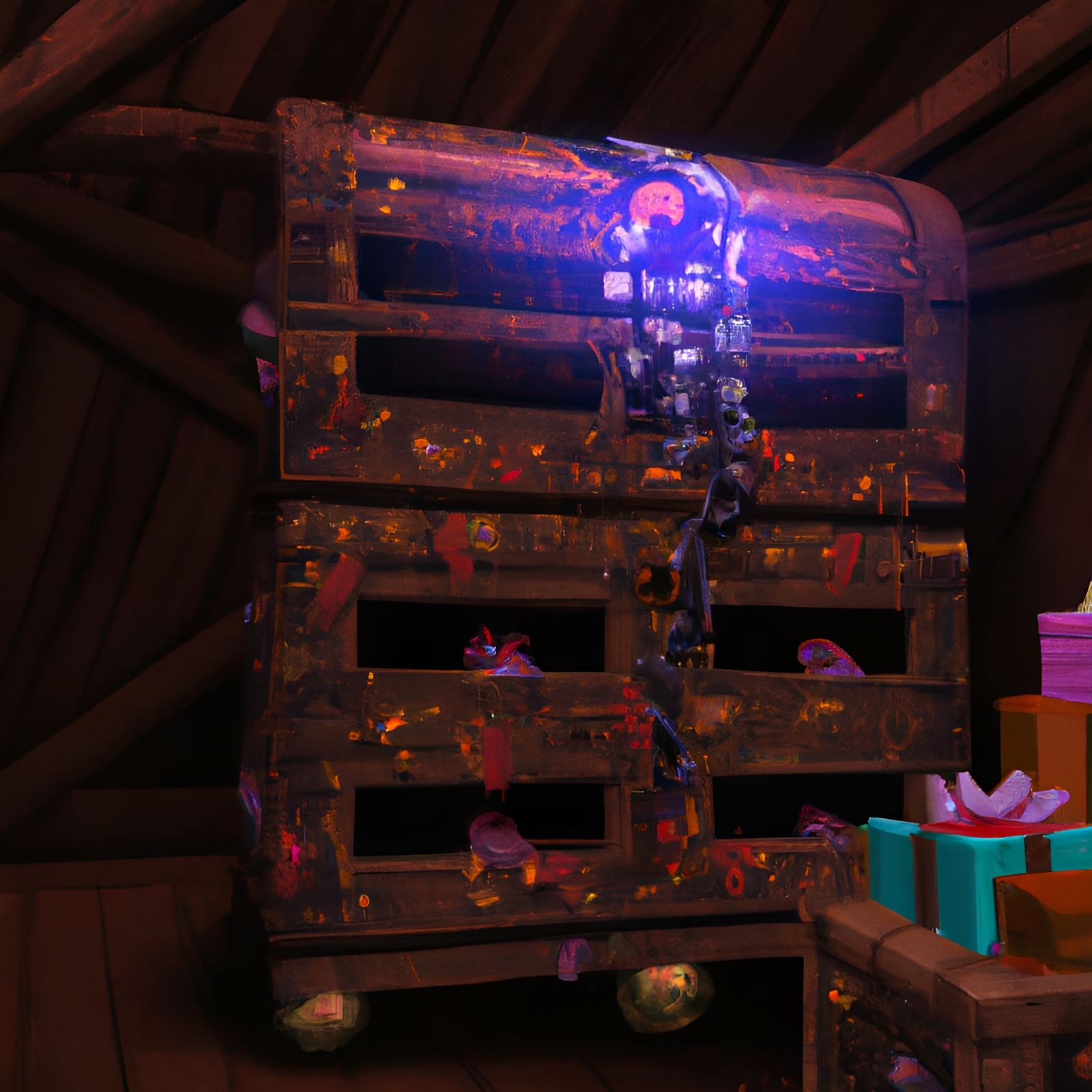 Dark Storeroom Christmas Trunk, Storybook Illustration