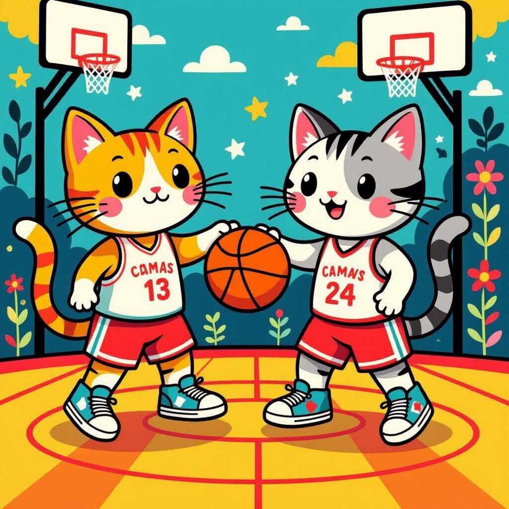 Cats Playing Basketball in Pop Art Style