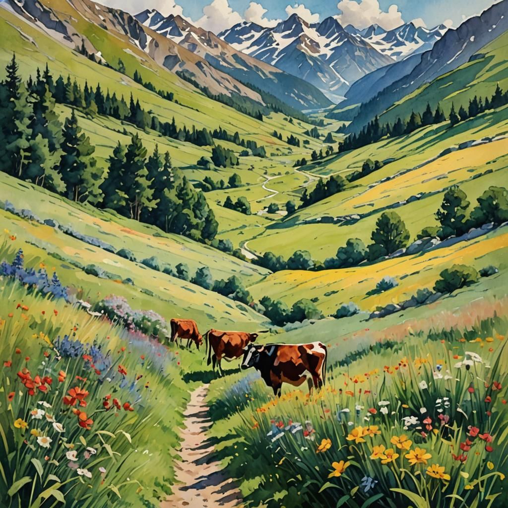 Alpine Meadow Path in Expressionist Watercolor and Ink