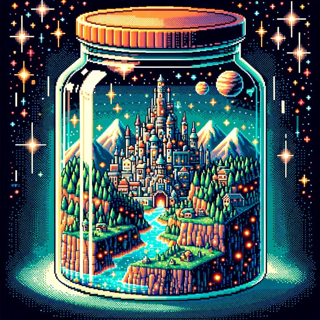 Pixelated Kingdom Inside Glass Jar: Retro Video Game Art