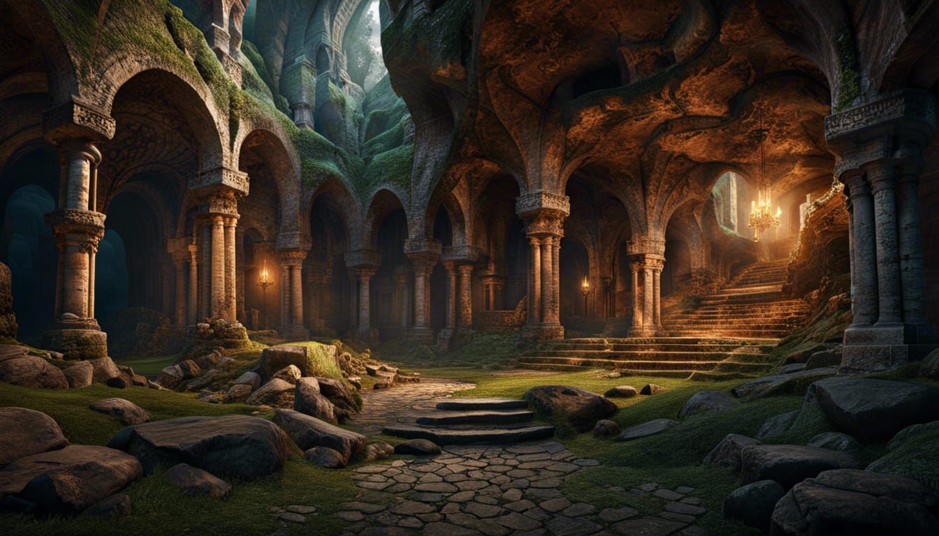 Underground Medieval Castle Ruins in Dark Fantasy Style