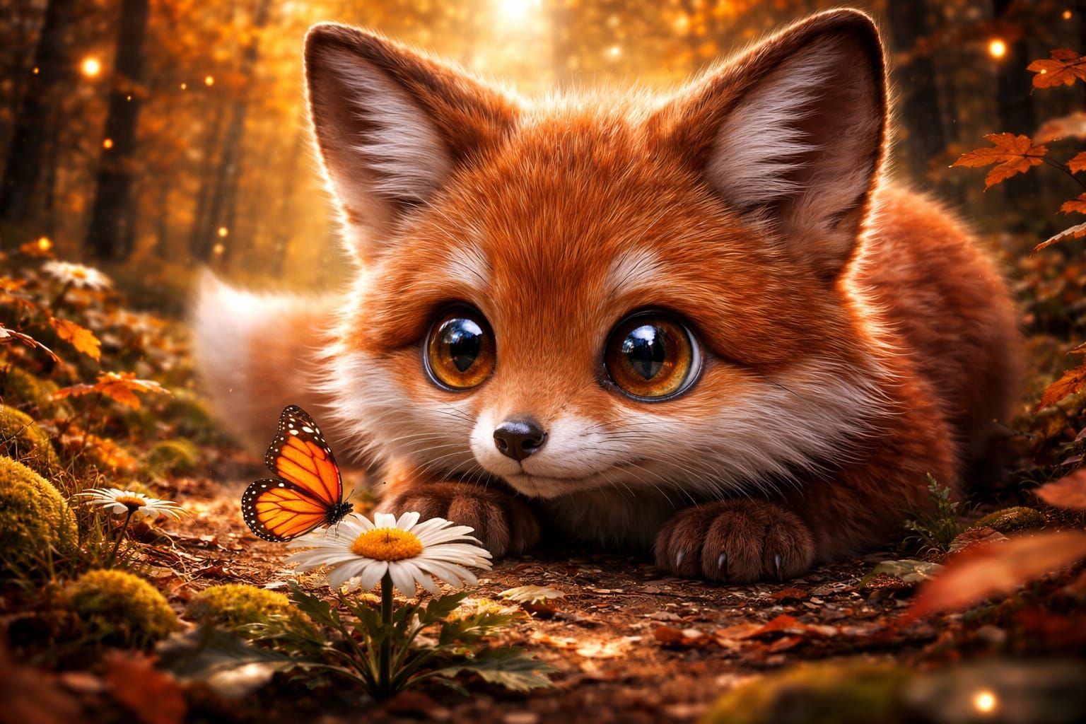 Adorable Fox Gazes at Butterfly in Detailed Forest
