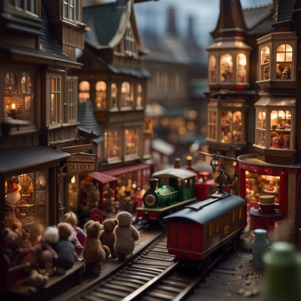 Toy Shop Window with Miniature Train and Teddies