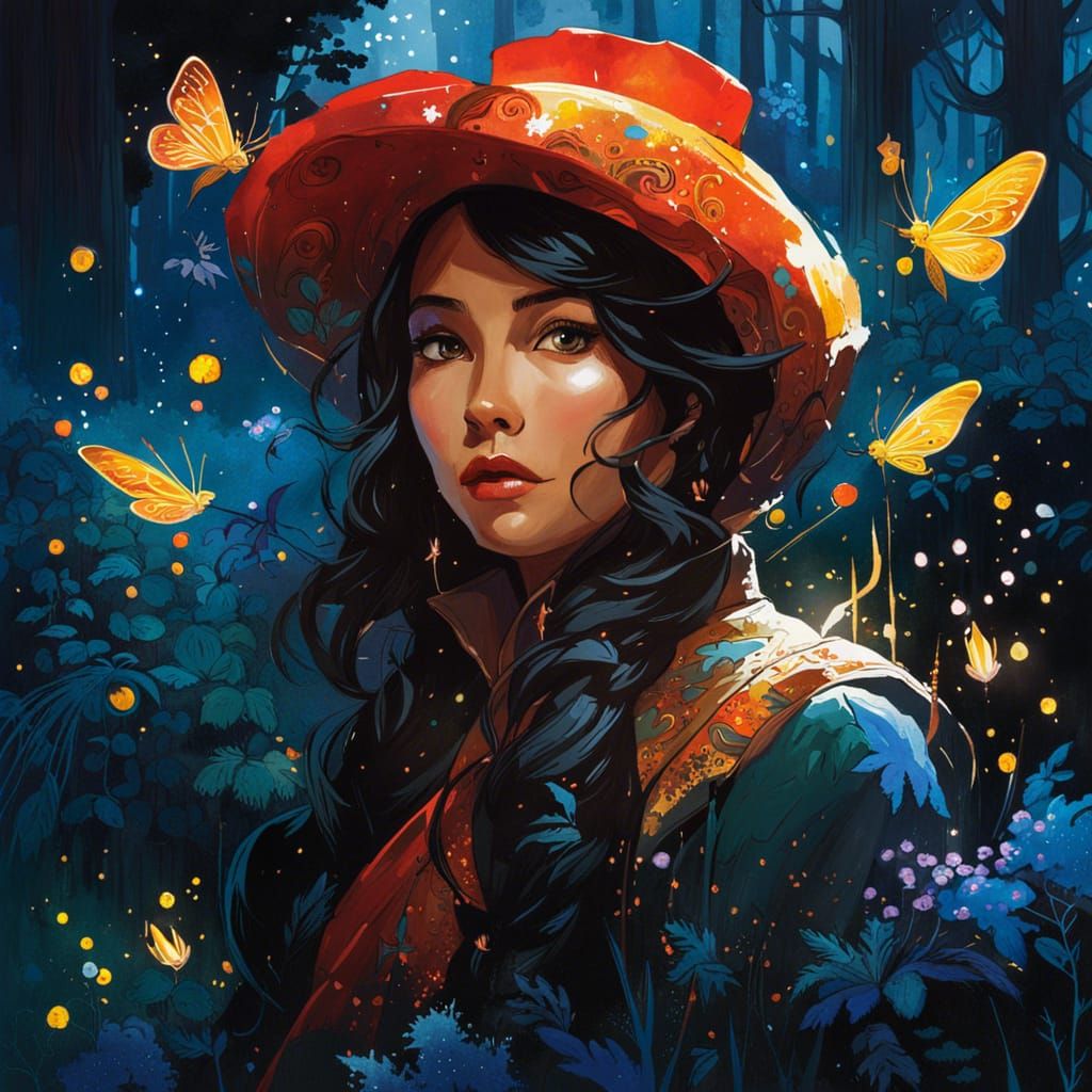 Czarina with Fireflies: Detailed Gouache and Watercolor